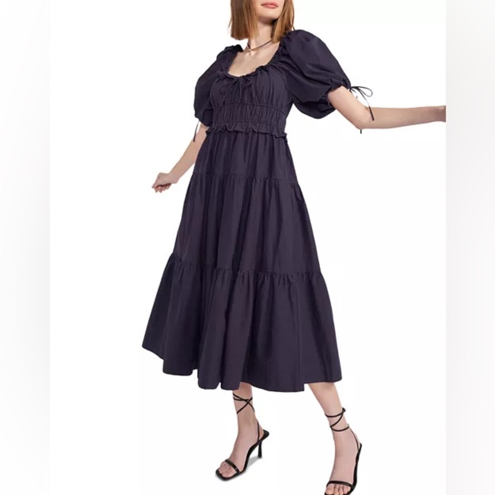 En Saison Poplin Puff-Sleeve Tiered Midi Dress